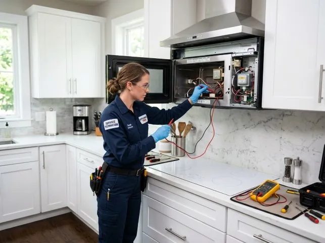 Appliance Repair Hero technician testing an over-the-range microwave in a Bishopville, MD kitchen